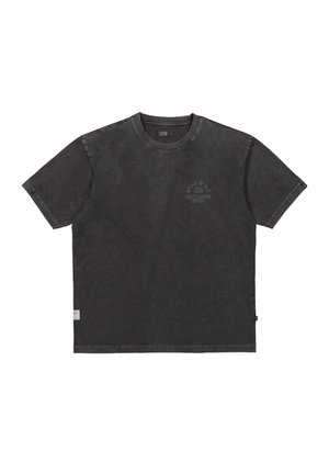 Zwarte T-shirt met korte mouwen van zachte stof met een ronde halslijn, voorzien van een klein gedrukt logo op de borst en een gestikte zoom.