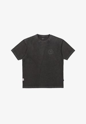 Schwarzes T-Shirt mit kurzen Ärmeln aus weichem Stoff und Rundhalsausschnitt, mit einem kleinen bedruckten Logo auf der Brust und einem gestickten Saum.