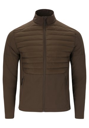 Brown insulated jacket featuring a high collar, zip front, quilted chest panel, and smooth body texture with side pockets.