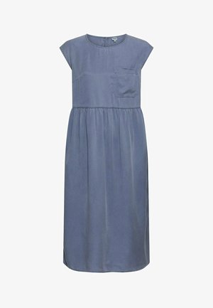 Ärmelloses, lässiges Midikleid aus weichem blauen Stoff mit rundem Ausschnitt, geraffter Taille, kleiner Brusttasche und Rückenknopfverschluss.