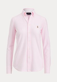 Camicia a maniche lunghe a righe rosa chiaro e bianco con bottoni e colletto con bottoni e piccolo logo ricamato sul petto sinistro.