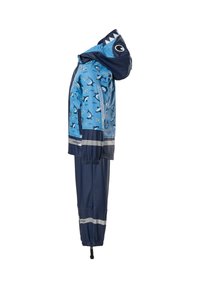 Combinaison de pluie bleue pour enfants avec motif requin, poignets élastiques, bandes réfléchissantes et capuche en forme de tête de requin avec dents et œil.