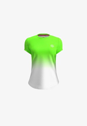 T-shirt verde e bianco con gradienti, maniche corte, colletto rotondo, texture a coste e logo sul petto. Design leggero e casual.