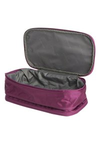 Borsa da stoccaggio viola in nylon con apertura con zip, caratterizzata da una fodera interna grigia e una superficie esterna texture.