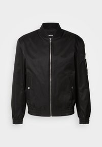 Black bomber jacket made of smooth fabric, featuring a ribbed collar, front zipper, side pockets, and elastic cuffs and hem.