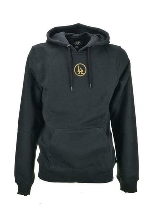 Sudadera con capucha negra hecha de una mezcla de algodón, con un bolsillo tipo canguro, que presenta un logo dorado de LA en el pecho y detalles con cordón.