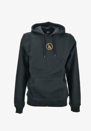 Sudadera con capucha negra hecha de una mezcla de algodón, con un bolsillo tipo canguro, que presenta un logo dorado de LA en el pecho y detalles con cordón.
