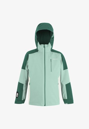 Młoda dziewczyna z długimi blond włosami, ubrana w turkusowo-zieloną kurtkę, czarne spodnie i czarne trampki, stojąca na jednolitym białym tle.