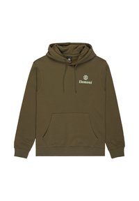 Felpa con cappuccio in verde oliva, realizzata in tessuto morbido. Presenta una tasca frontale e un logo stampato sul petto. Cappuccio regolabile con cordino.