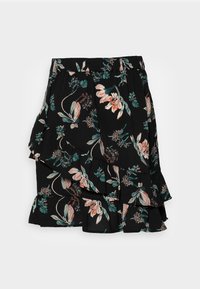 Gonna nera a balze con stampa floreale rosa e verde, vita elastica e dettagli a strati sull'orlo.