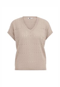 Beige stickad topp med lös passform, V-ringning och korta ärmar; har ett öppet mönster och ribbade kanter.