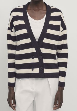 Personne portant un cardigan rayé noir et blanc à larges rayures horizontales avec trois boutons par-dessus une chemise blanche et un pantalon blanc.