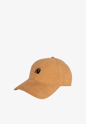 Honingtan suède baseballpet met klein zwart geborduurd gorillalogo op het voorpaneel, gebogen klep en gestikte ventilatiegaatjes.