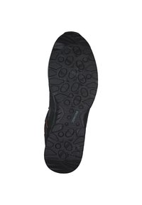 Black rubber shoe sole with textured tread, featuring oval and circular patterns, and "MEINDL" branding in light blue.
