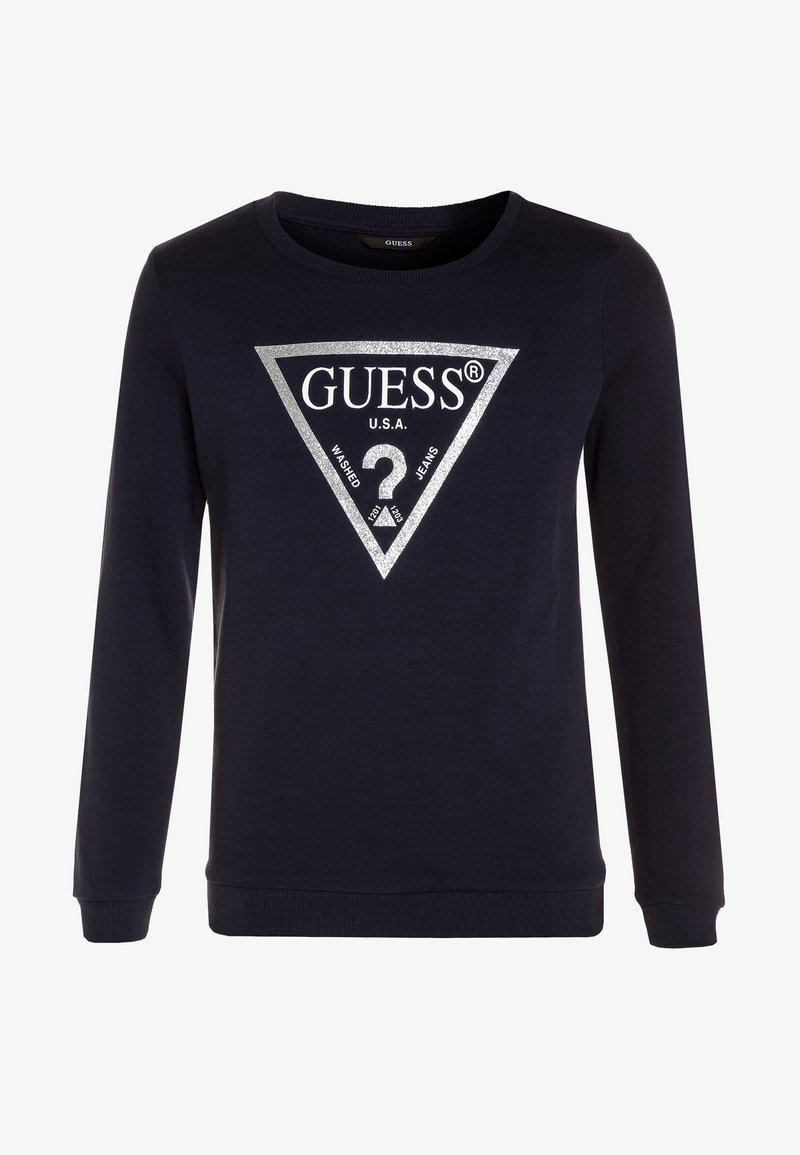 Felpa blu navy con maniche lunghe, scollo rotondo e un logo triangolare argento che presenta il testo "GUESS U.S.A. WASHED JEANS."