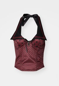 Burgundy halter top with black polka dots, featuring a pointed collar, ribbon tie, and decorative buttons at the center bust. Smooth texture.