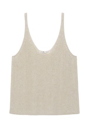 Débardeur beige tricoté sans manches avec fines bretelles et encolure dégagée, fabriqué en fil texturé.