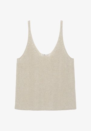 Béžový pletený tielkový top bez rukávov s tenkými ramienkami a lodičkovým výstrihom, vyrobený z textúrovanej priadze.