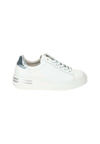 White leather sneaker with a rounded toe. Features silver metallic accents on the heel and midsole. Light blue laces complete the design.