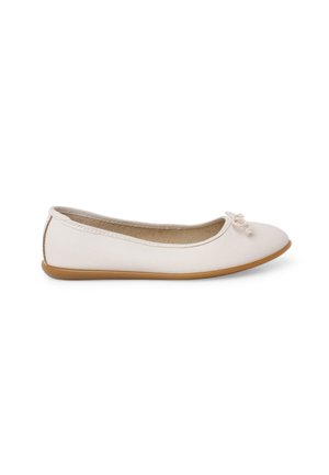 Women's beige ballet flat with rounded toe, small decorative bow on top, and light brown rubber sole.