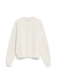 Crème-kleurige sweatshirt gemaakt van zachte stof, met een geribde onderrand en manchetten, en een klein geborduurd logo op de voorkant.