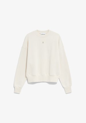 Cremefarbener Sweatshirt aus weichem Stoff, mit geripptem Saum und Bündchen sowie einem kleinen gestickten Logo auf der Vorderseite.