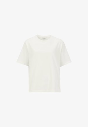 Lyhythihainen valkoinen crew neck -t-paita rentoa istuvuutta, esitelty valkoista taustaa vasten.