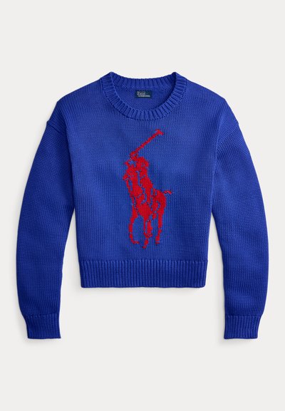 Μπλε πλεκτό πουλόβερ με στρογγυλή λαιμόκοψη και ριμπ μανσέτες, με μεγάλο κόκκινο λογότυπο παίκτη πόλο στο κέντρο μπροστά.