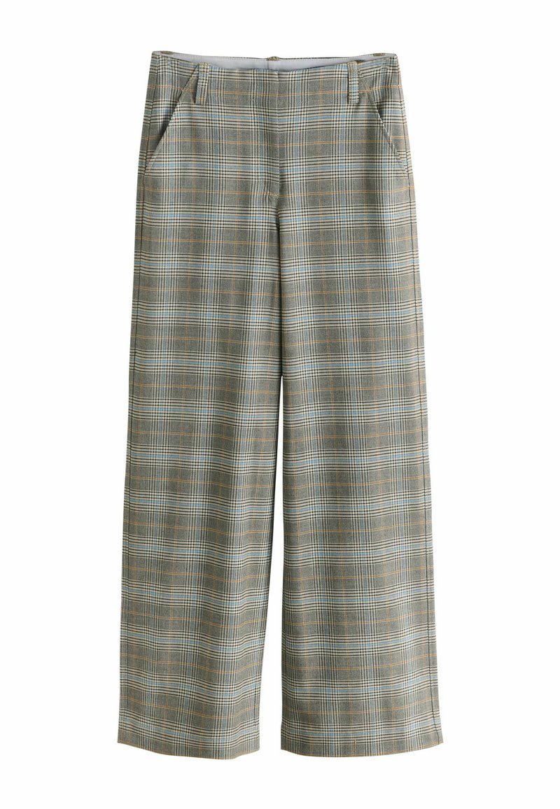 Spodnie szerokie w zielono-niebieską kratę, z dwoma bocznymi kieszeniami i zamkiem błyskawicznym z przodu. Materiał ma gładką teksturę.