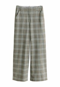 Wide-leg trousers in a green and blue plaid pattern, featuring two side pockets and a front zipper. Fabric has a smooth texture.