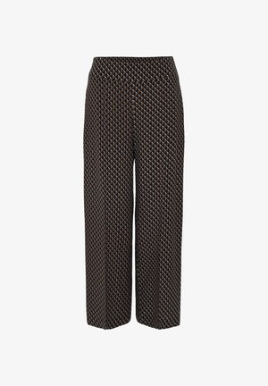 Wijde broek met een geometrisch patroon in bruin, blauw en roomkleur, met een elastische tailleband voor extra comfort.