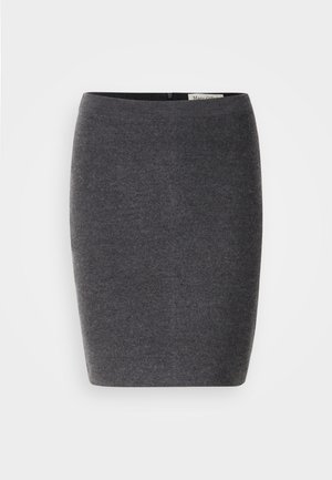 Grauer Wollbleistiftrock mit glatter Textur und enger Passform, ausgestattet mit einem diskreten Bund und ohne sichtbare Verzierungen.