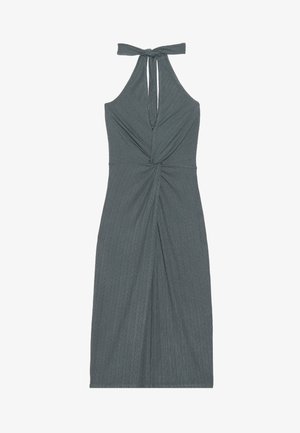 Ermeløs halterneck-kjole i mørkegrå med en teksturert stoff. Har et vridd detalj foran og en knytelukking i nakken.