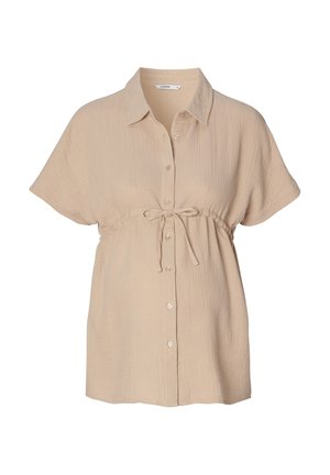 Beige knoopshirts gemaakt van textuurstof, met een tailleband, korte mouwen en een ontspannen pasvorm.