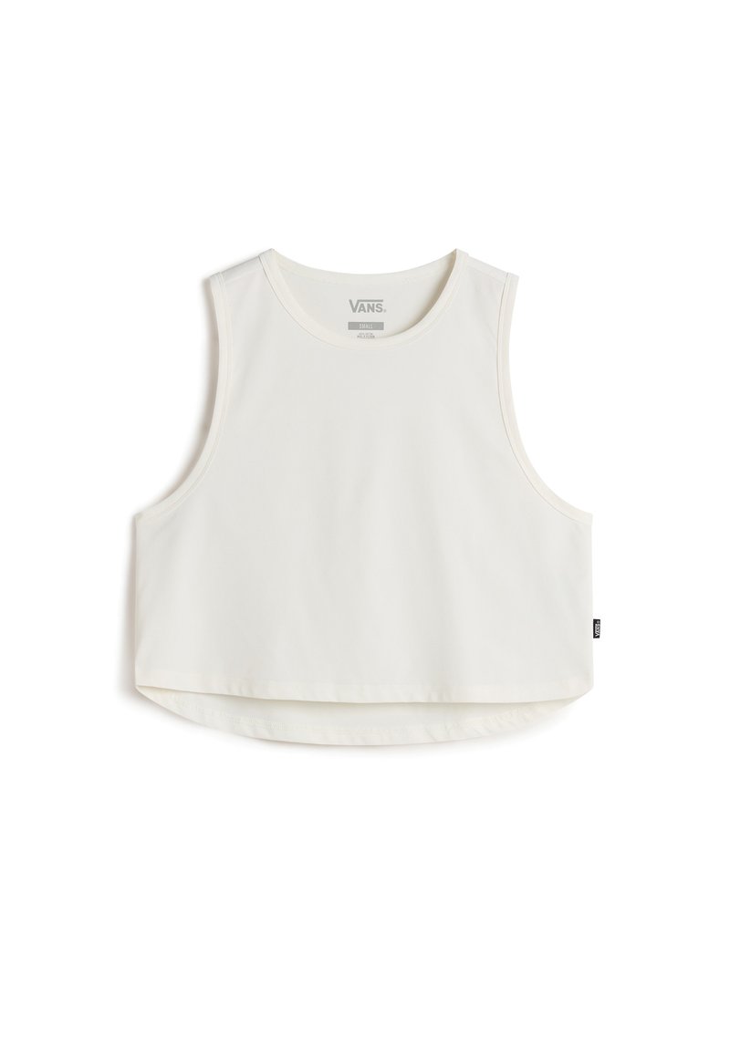 Top cropped bianco con scollatura tonda e design senza maniche. Realizzato in tessuto liscio, presenta una discreta etichetta con logo sul lato.