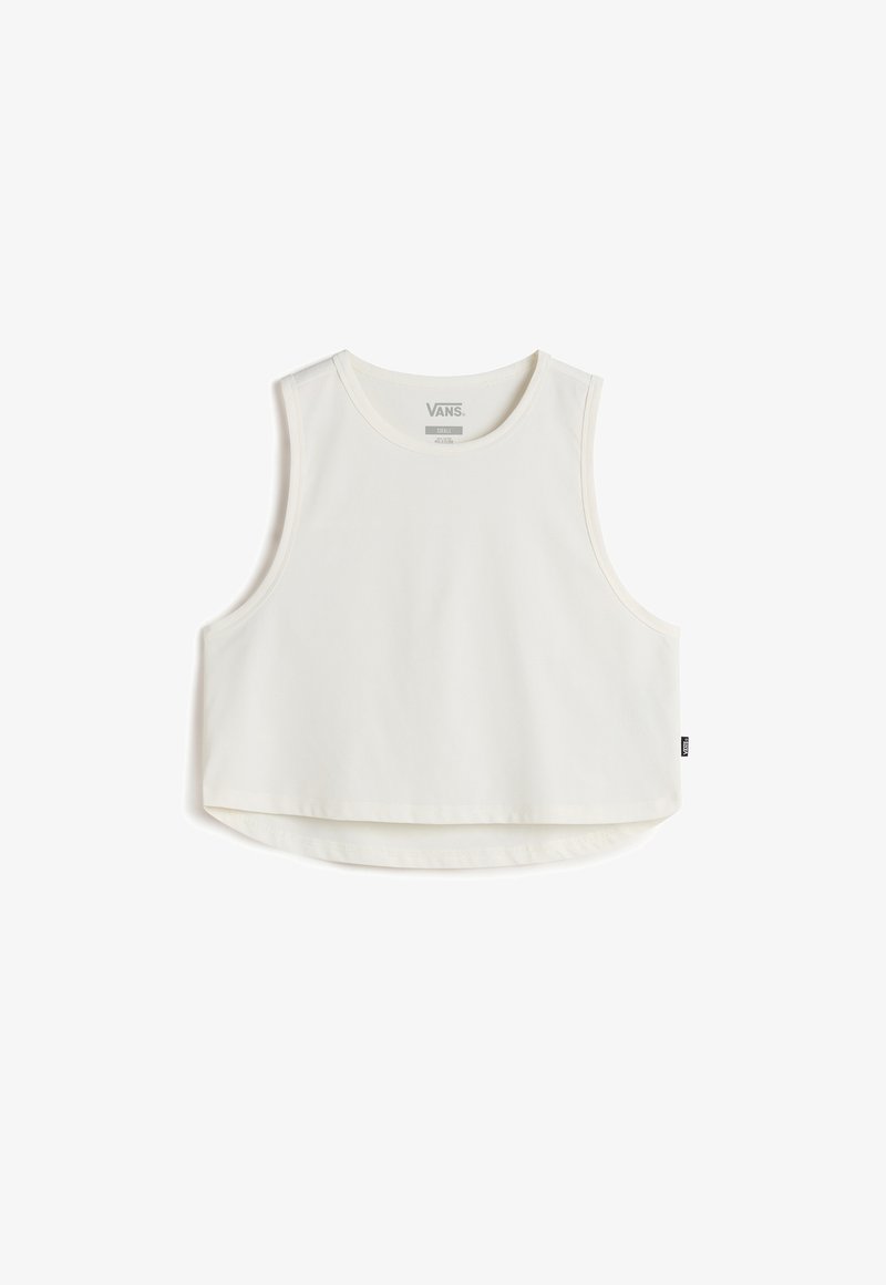 Top cropped bianco con scollatura tonda e design senza maniche. Realizzato in tessuto liscio, presenta una discreta etichetta con logo sul lato.