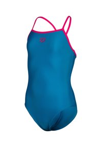 Costume da bagno intero blu con sottili spalline rosa. Realizzato in tessuto morbido e elasticizzato, presenta un logo sul petto e un design elegante e minimale.