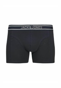 Boxers negros con una cinturilla elástica a rayas en gris y azul marino con el logo "JACK & JONES". Tejido suave, diseño ajustado y sin patrones visibles.