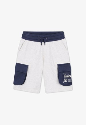 Lichtgrijze korte broek met marineblauwe elastische tailleband, trekkoord en twee grote marineblauwe cargozakken, waarvan één voorzien van het Timberland-logo en tekst.
