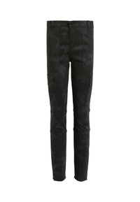Pantalon cargo noir coupe slim avec motif camouflage subtil, poches plaquées à l'avant, détails aux genoux et passants pour ceinture.