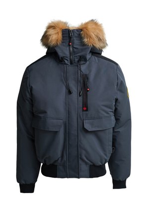 Dark gray bomber jacket with detachable faux fur hood, zippered front, red accent stitching, and two large front pockets. Cuffed sleeves.