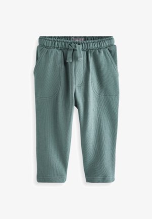 Miękkie zielone spodnie dla malucha z elastycznym pasem, sznurkiem do wiązania, dwoma przednimi kieszeniami oraz prostymi nogawkami, przedstawione na białym tle.