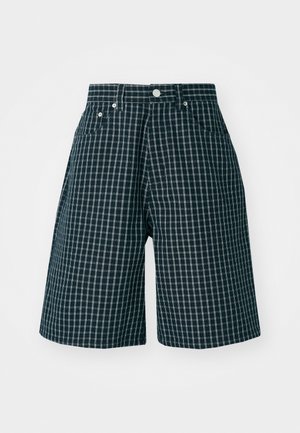 Rutet shorts i mørk marineblå med hvit rutenettmønster. Laget av vevd stoff, med mid-rise midje og frontlommer.