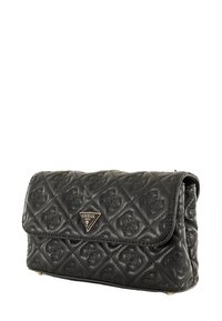 Bolso de mano acolchado negro con patrón en relieve, herrajes en tono dorado y un logo triangular en la parte frontal. Diseño texturizado y elegante.