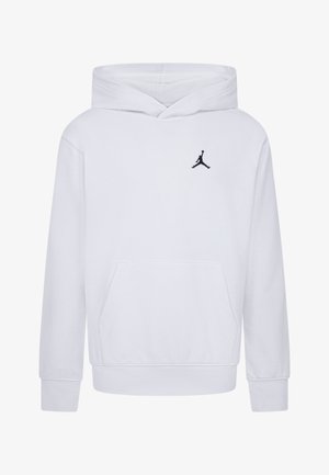 Sudadera con capucha blanca fabricada en material de felpa, con un bolsillo delantero y un logo Jumpman negro en el pecho. Manga larga con puños de canalé.