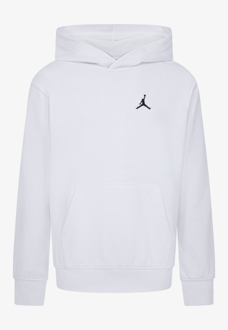 Άσπρη φούτερ μπλούζα με κουκούλα, φτιαγμένη από fleece υλικό, με μπροστινή τσέπη και μαύρο λογότυπο Jumpman στο στήθος. Μακριά μανίκια με ριμπ μανσέτες.