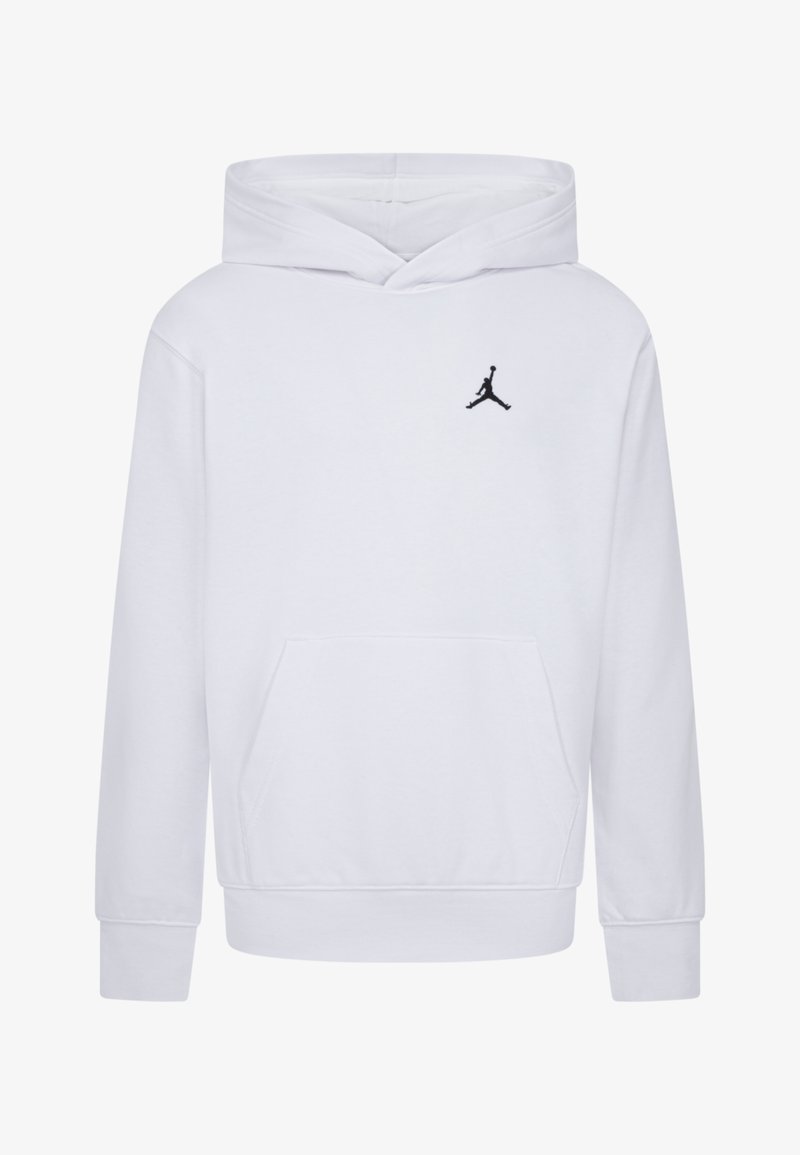 Sudadera con capucha blanca fabricada en material de felpa, con un bolsillo delantero y un logo Jumpman negro en el pecho. Manga larga con puños de canalé.