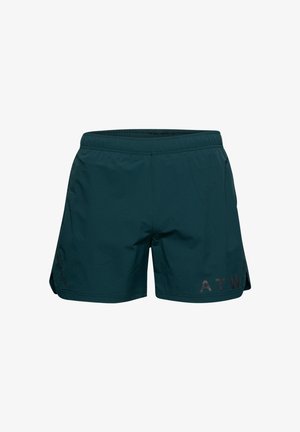 Turkusowe szorty sportowe z elastycznym pasem, bocznymi rozcięciami i czarnym logo "ATW" na lewej nodze. Wykonane z lekkiego, gładkiego materiału.