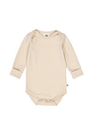 Langarmige body van zacht beige stof, met een ronde halslijn, manchetachtige mouwen en drukknoopsluitingen aan de onderkant.