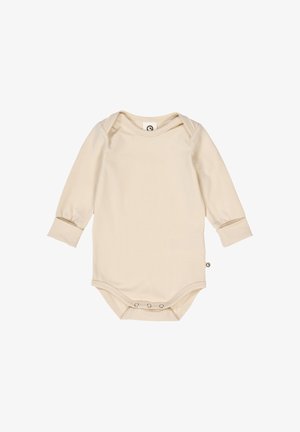 Langarmige body van zacht beige stof, met een ronde halslijn, manchetachtige mouwen en drukknoopsluitingen aan de onderkant.